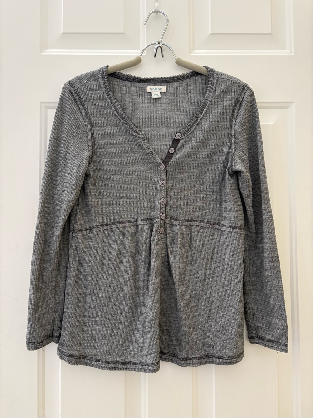 Sundance Catalog Space Dye Gray Thermal Henley BabyDoll LS V Neck Top Women S